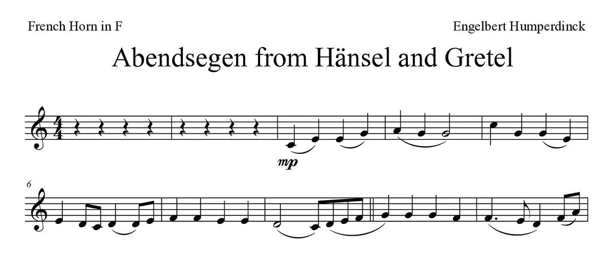 Sheet music of Abendsegen from Hänsel and Gretel for French horn (Medium), first lines