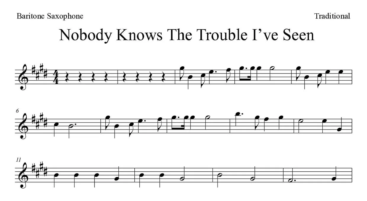 Noten von Nobody Knows The Trouble I’ve Seen für Baritonsaxophon (Schwer), erste Zeilen