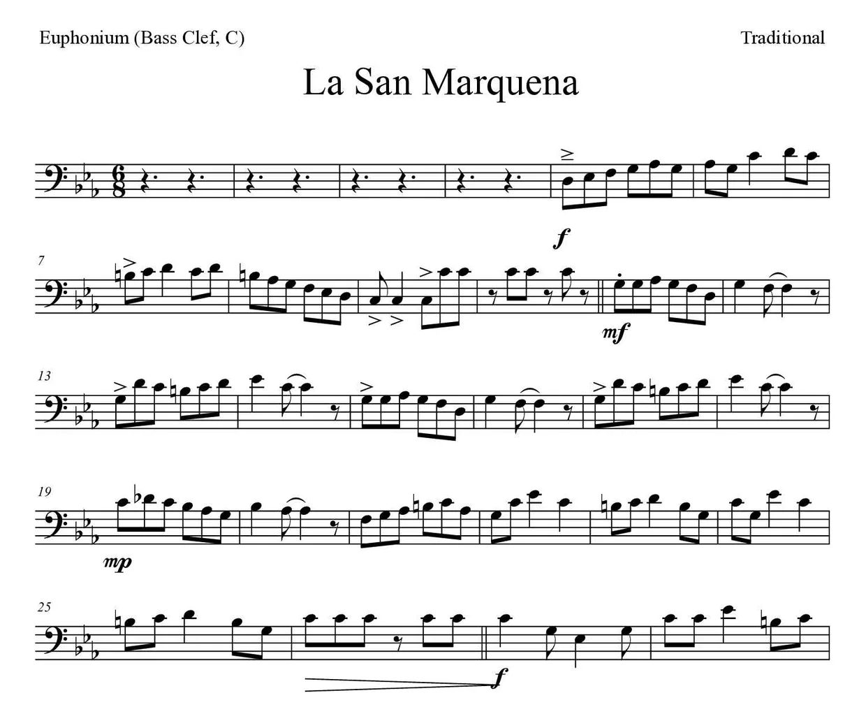 ‘La San Marquena’ Euphonium (Bass Clef, C) 악보의 첫 몇 줄