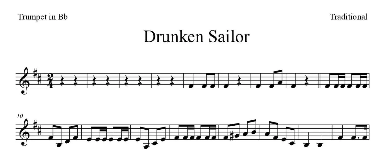 Sheet music of Drunken Sailor for trumpet in Bb (Hard), first lines