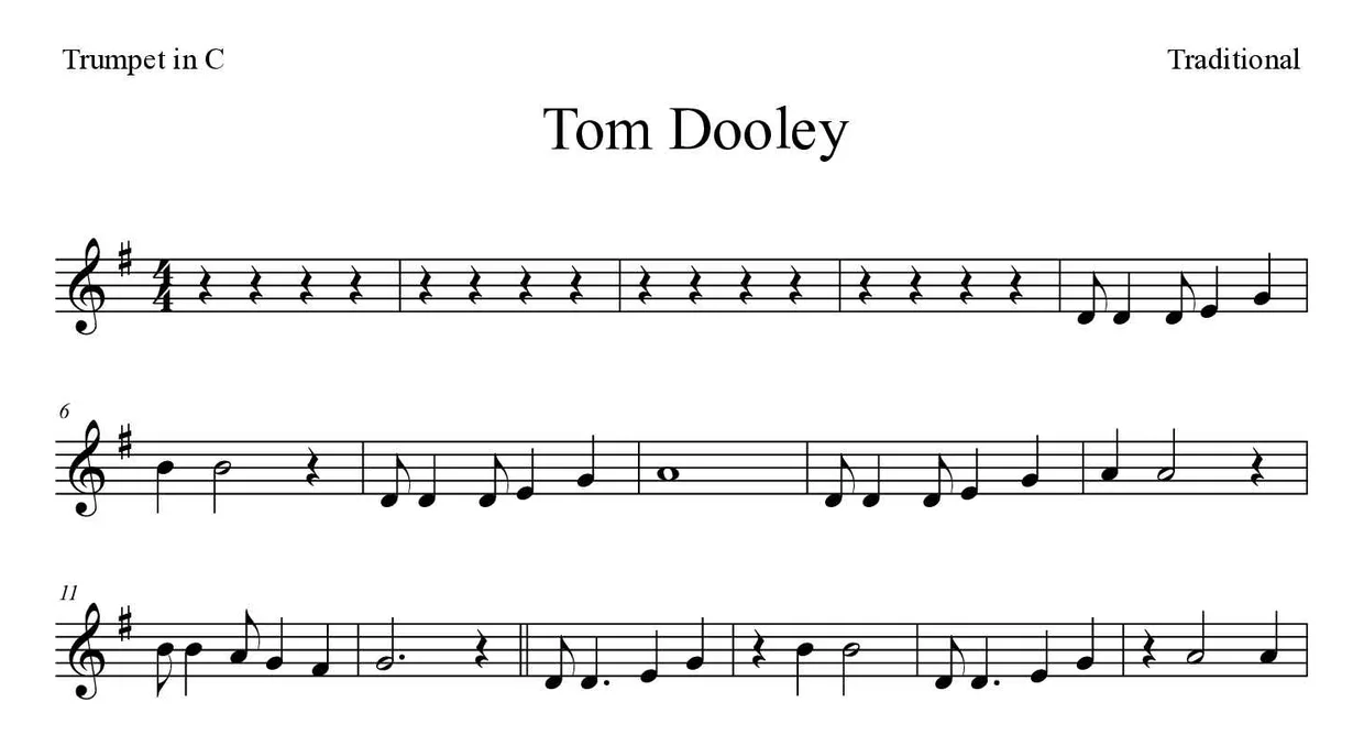 Partition de Tom Dooley pour trompette en do, premières lignes