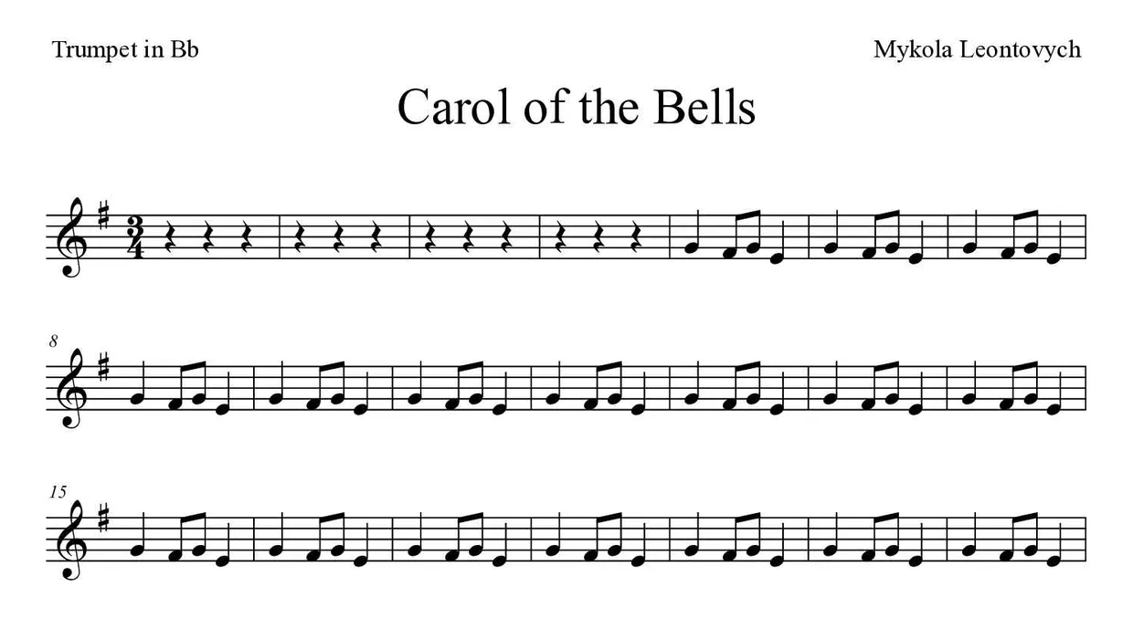 Partition de Carol of the Bells pour trompette en si bémol, premières lignes