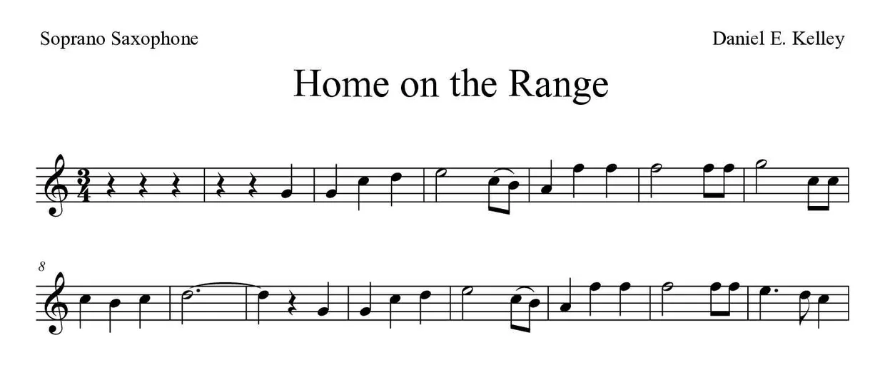 Bladmuziek van Home on the Range voor soprano saxophone, eerste regels