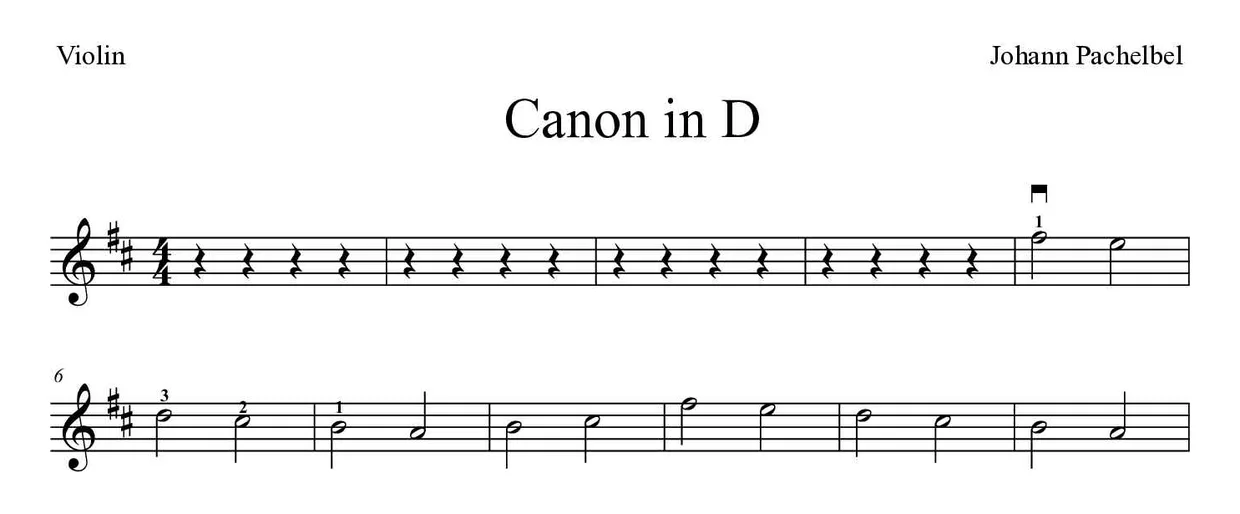 「Canon in D」Violin用楽譜の最初の数段