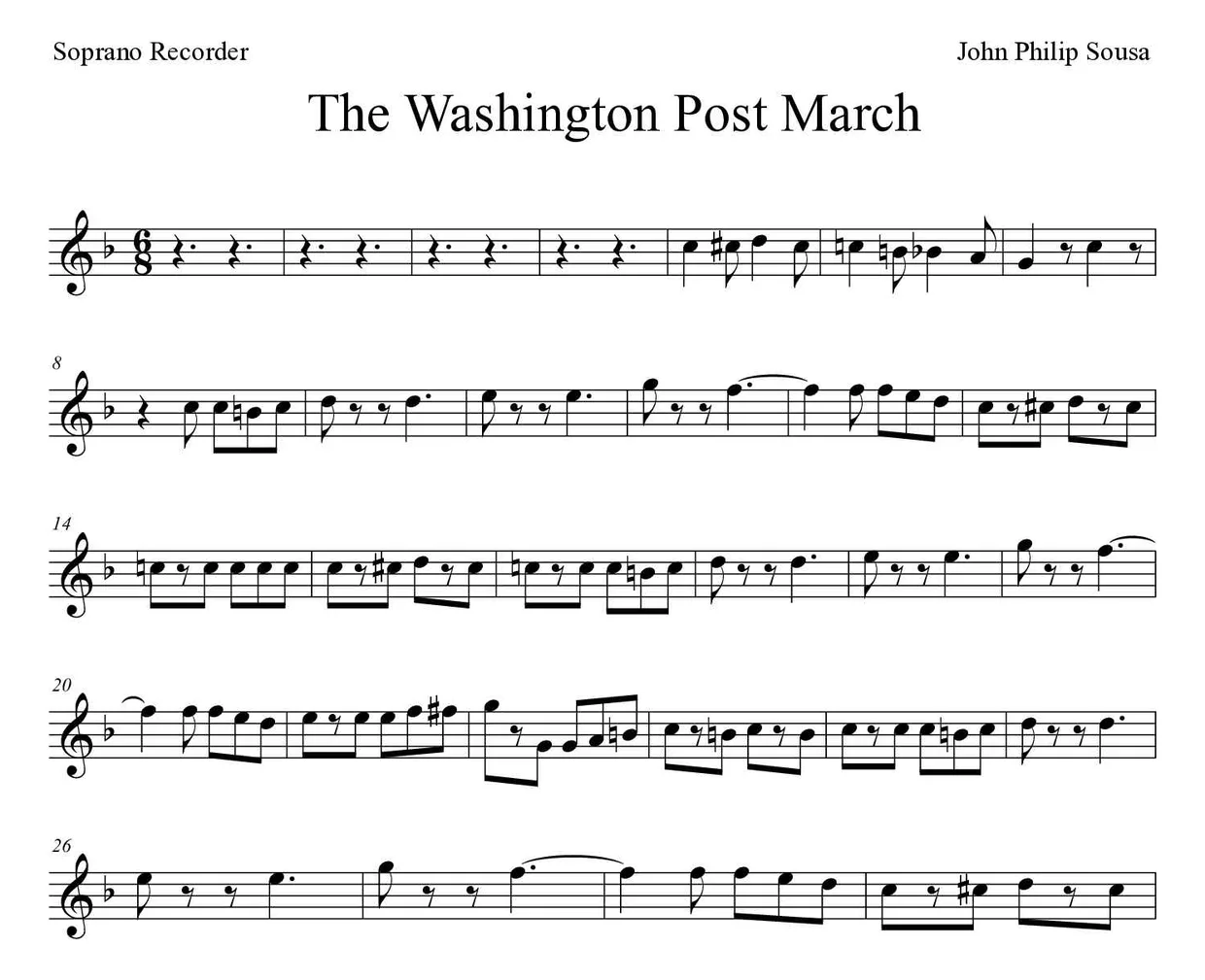 Noten von The Washington Post March für Blockflöte (Experte), erste Zeilen