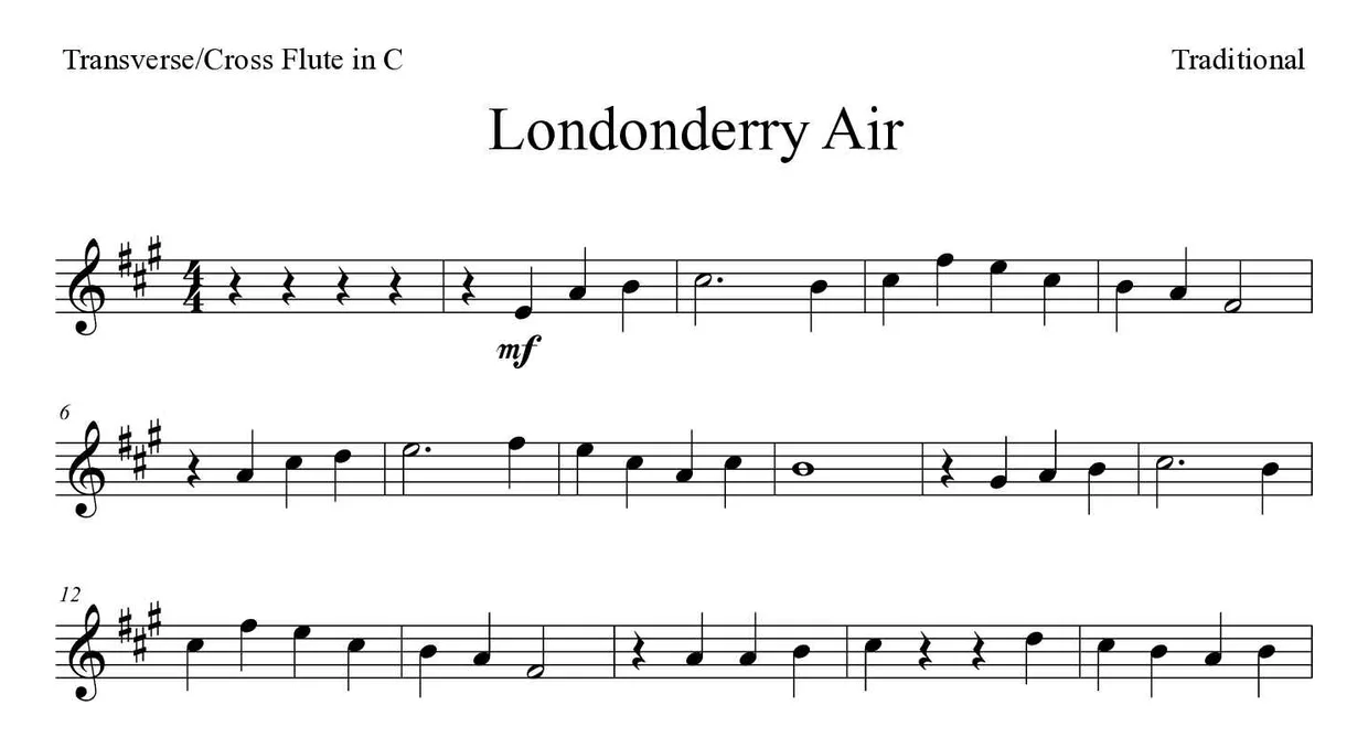 Spartito di Londonderry Air per flute, prime righe