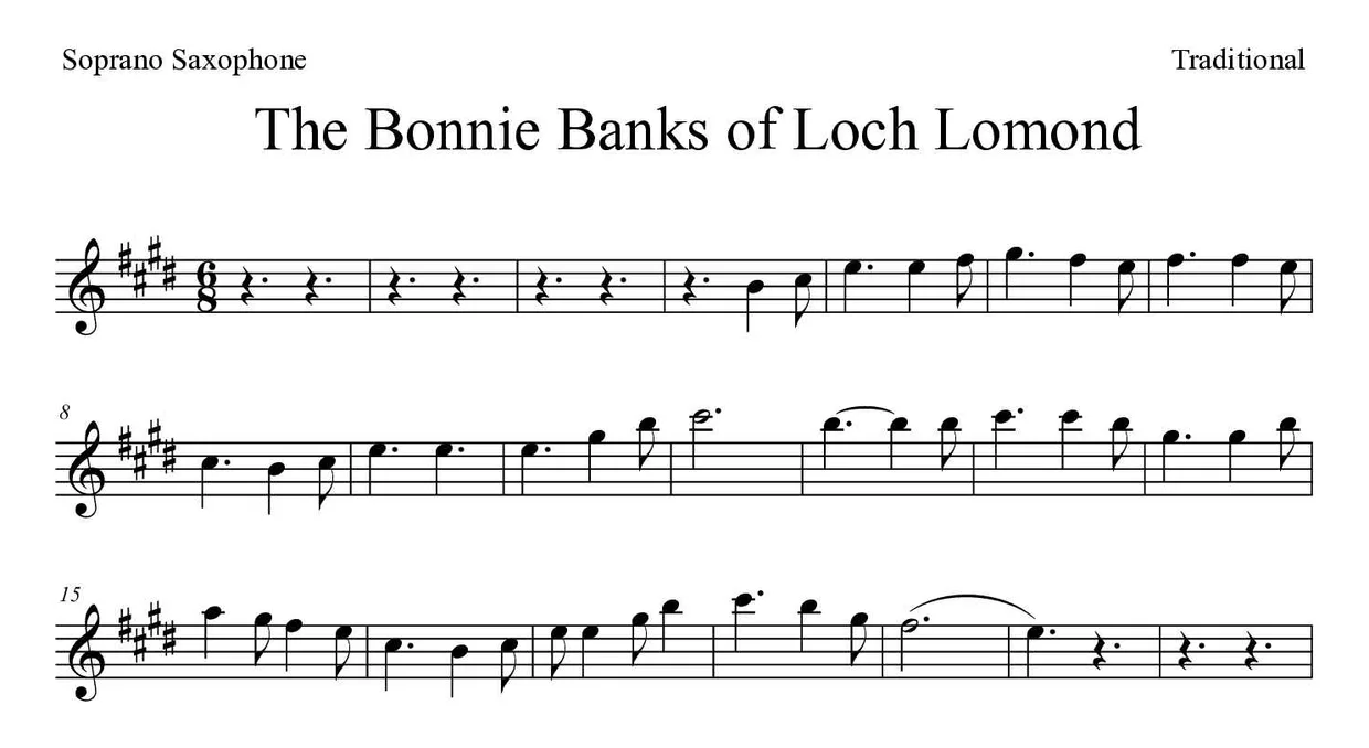 Partition de The Bonnie Banks of Loch Lomond pour saxophone soprano, premières lignes