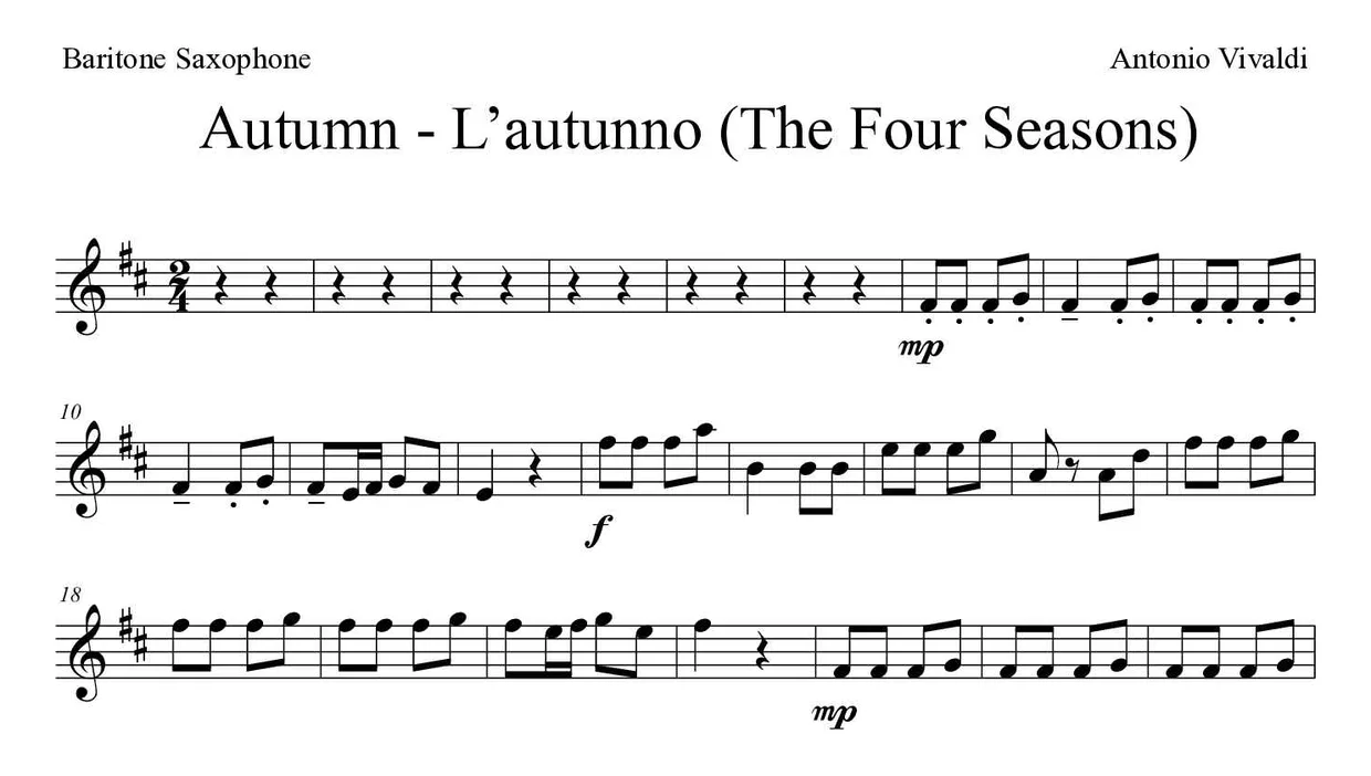 Partitura de Autumn - L’autunno (The Four Seasons) para saxofone barítono, primeiras linhas