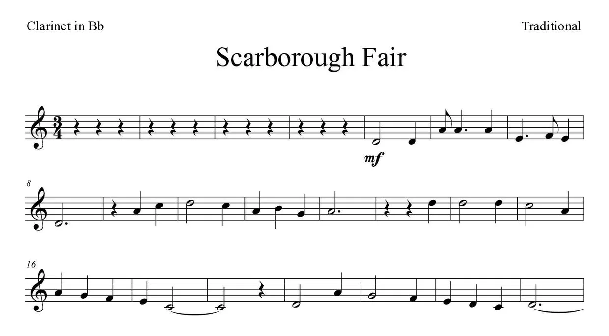 Noten von Scarborough Fair für Klarinette (Mittel), erste Zeilen
