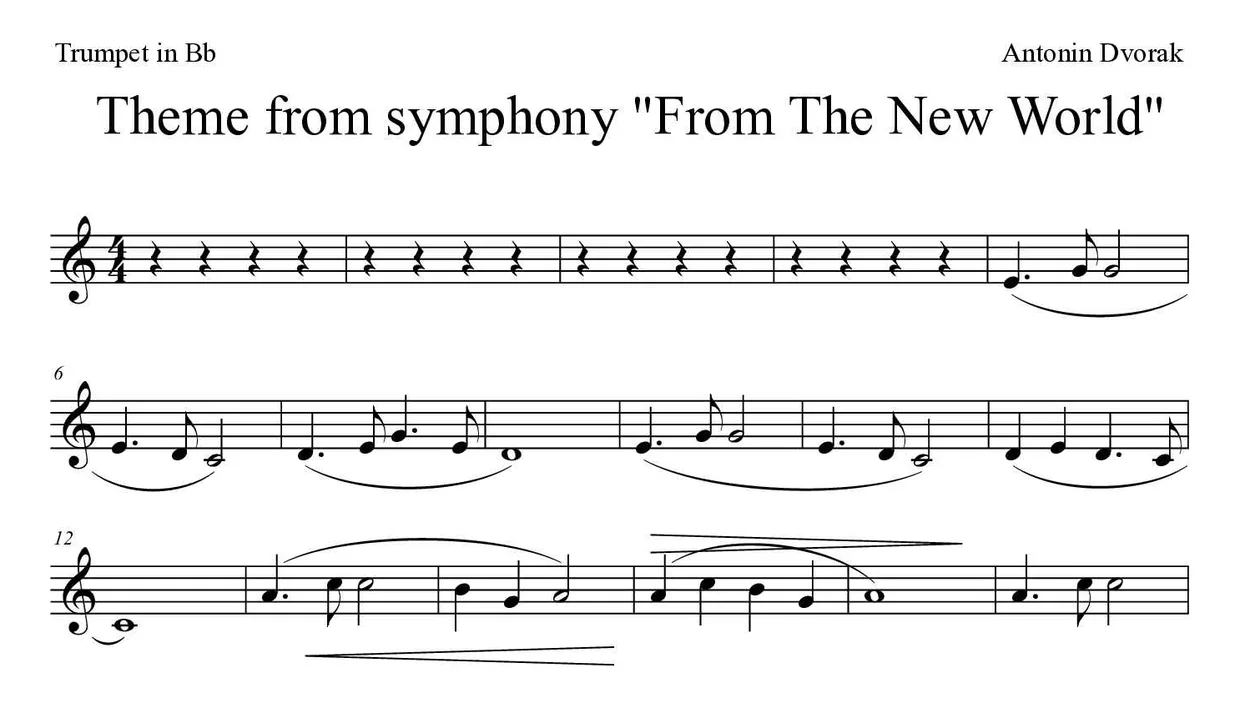‘Theme from symphony "From The New World"’ Trumpet in Bb 악보의 첫 몇 줄