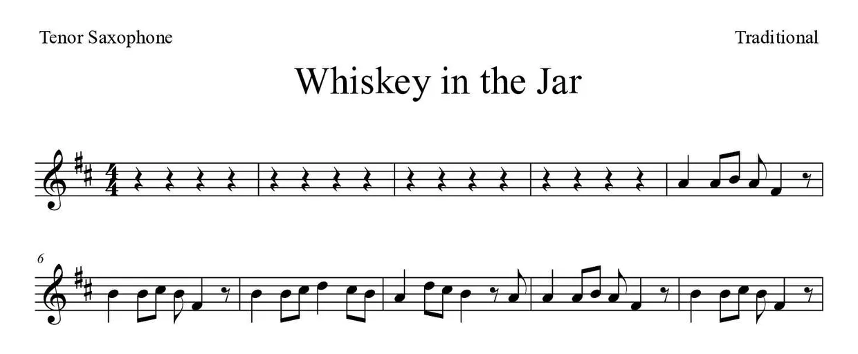 Sheet music of Whiskey in the Jar for tenor saxophone (Medium), first lines