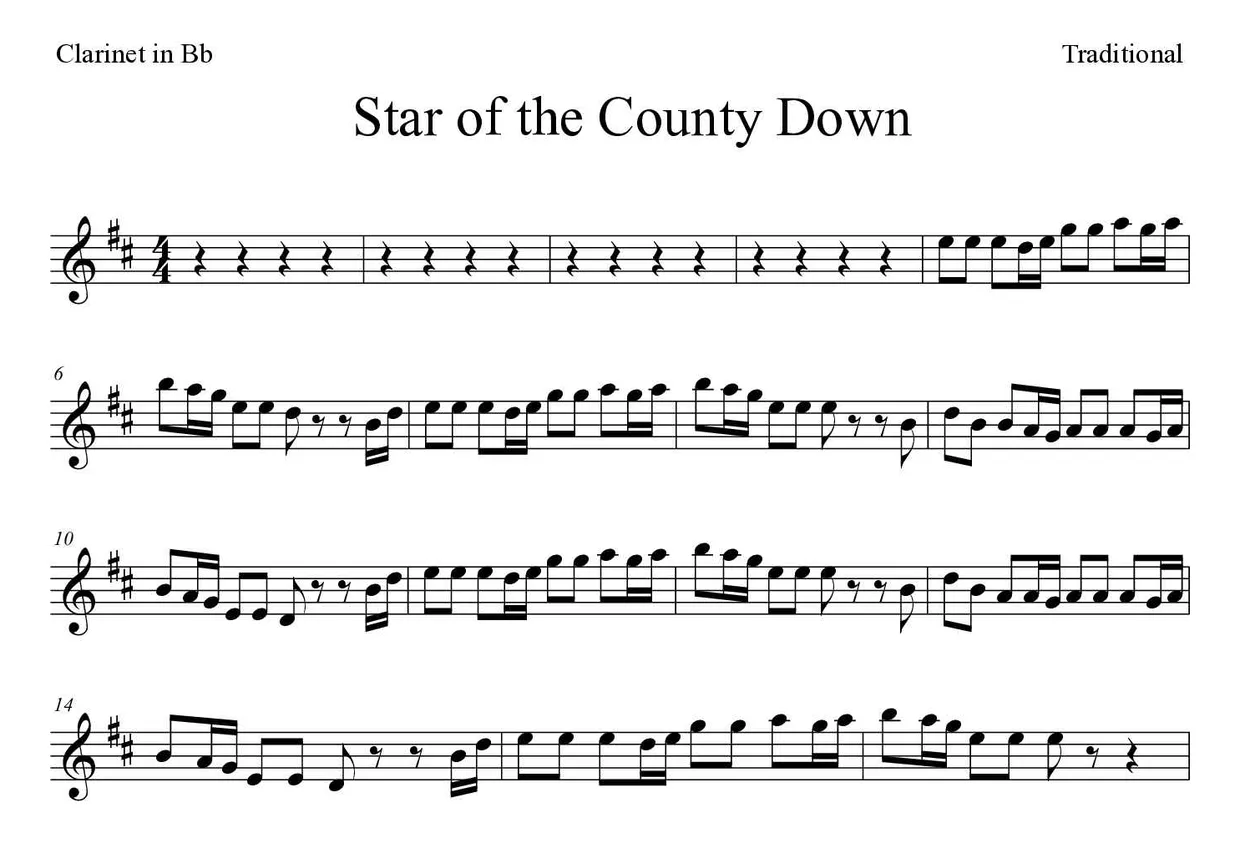 ‘Star of the County Down’ Clarinet 악보의 첫 몇 줄