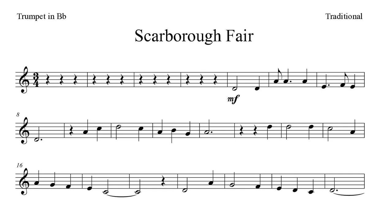 Partition de Scarborough Fair pour trompette en si bémol, premières lignes