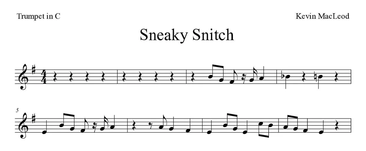 「Sneaky Snitch」Trumpet in C用楽譜の最初の数段