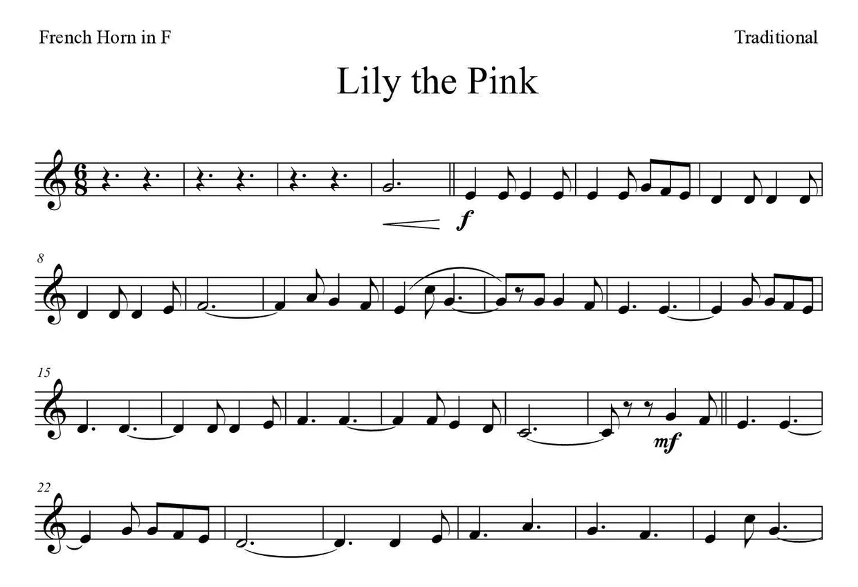 Spartito di Lily the Pink per French horn, prime righe