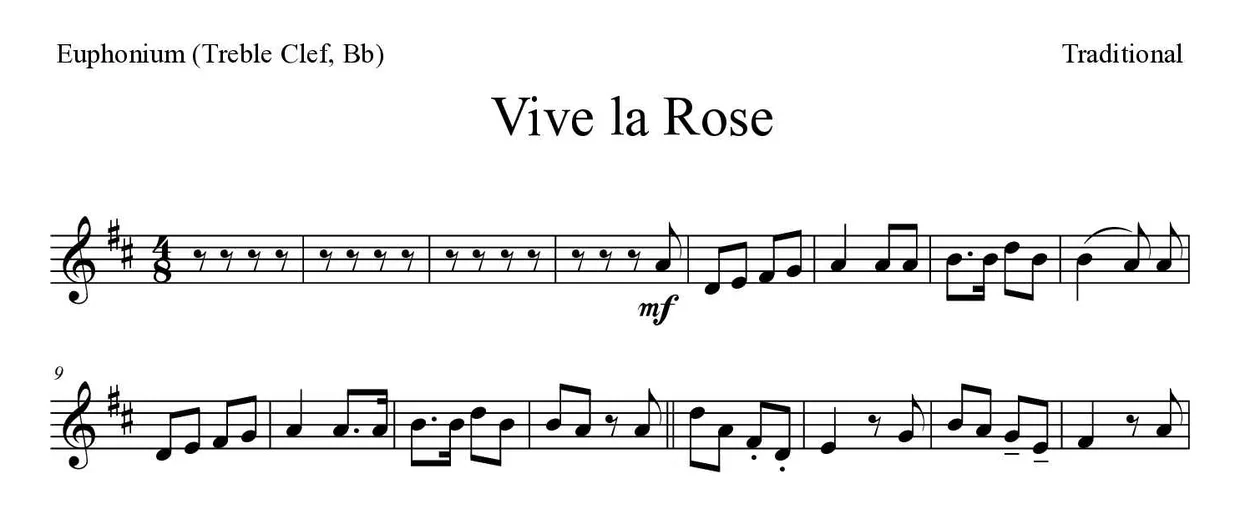 Partitura de Vive la Rose para bombardino (clave de Sol, Sib), primeras líneas