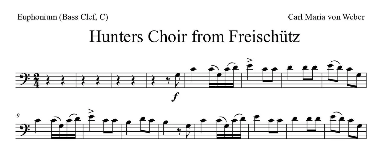 Partition de Hunters Choir from Freischütz pour euphonium (clé de fa, do), premières lignes