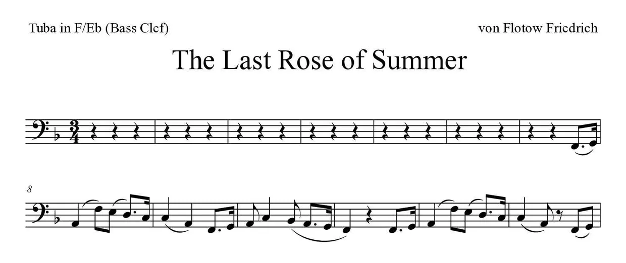 Sheet music of The Last Rose of Summer for tuba in F/Eb (bass clef) (Medium), first lines