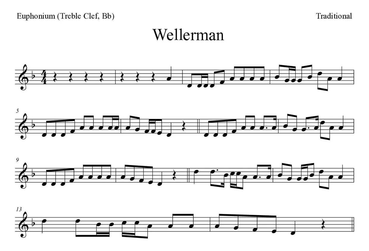 Partitura de Wellerman para bombardino (clave de Sol, Sib), primeras líneas