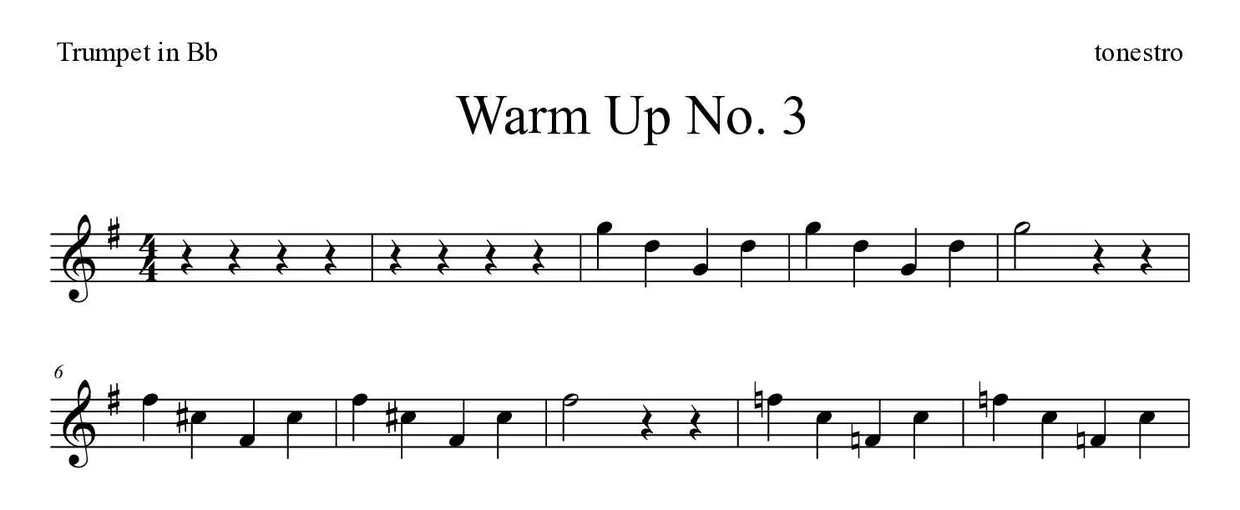Partitura de Warm Up No. 3 para trompete em Sib, primeiras linhas
