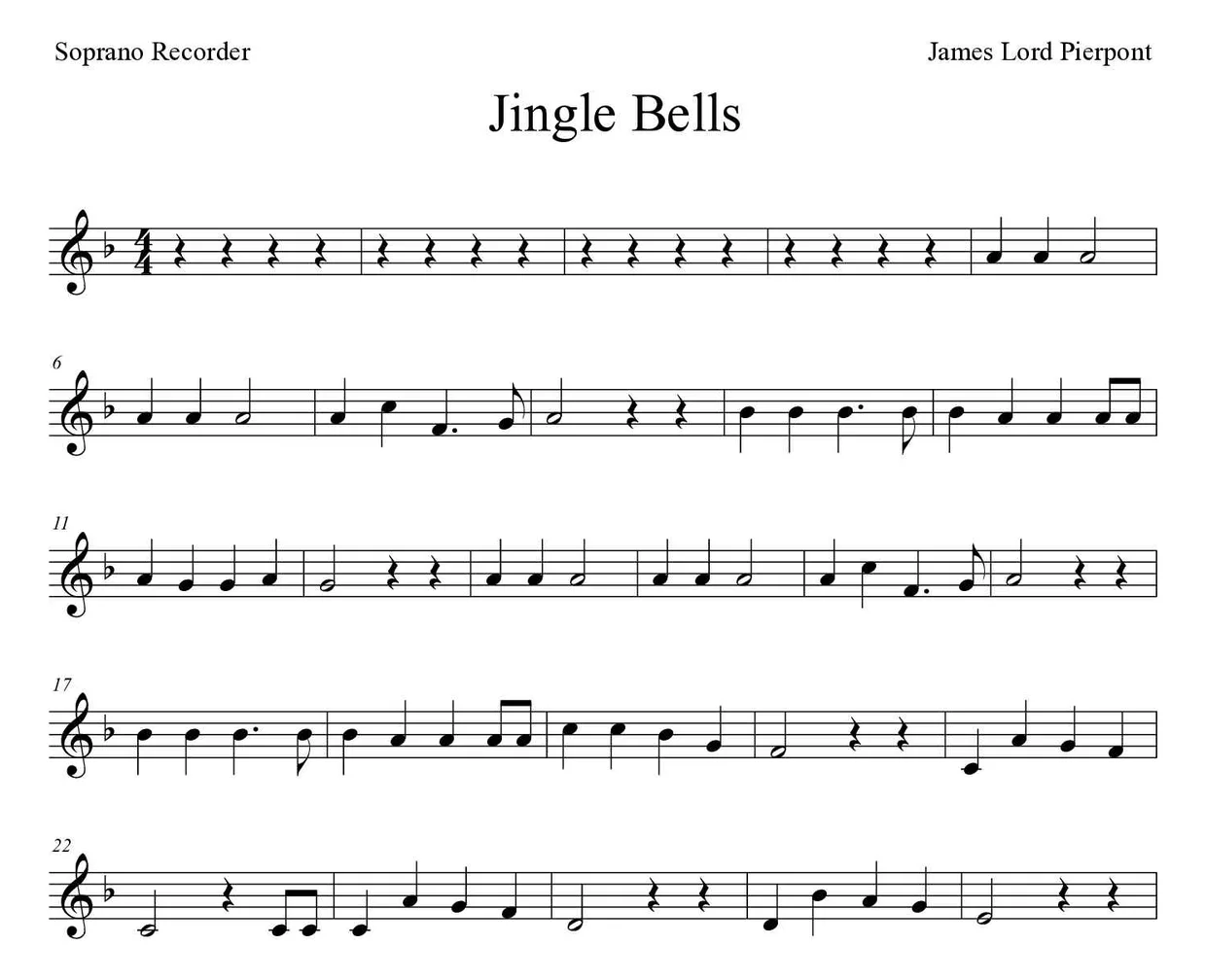 Noten von Jingle Bells für Blockflöte (Mittel), erste Zeilen