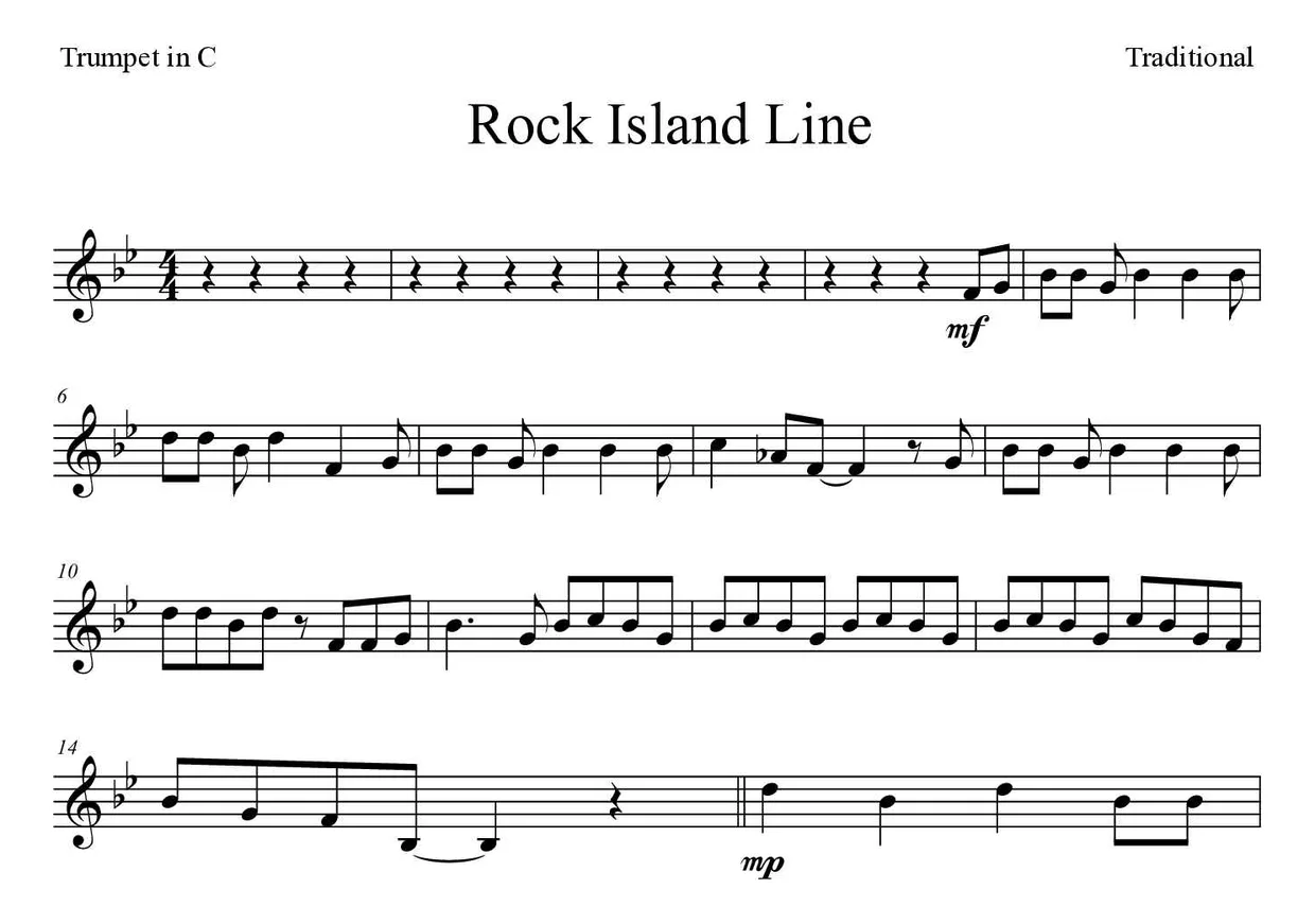 Partitura de Rock Island Line para trompete em Do, primeiras linhas