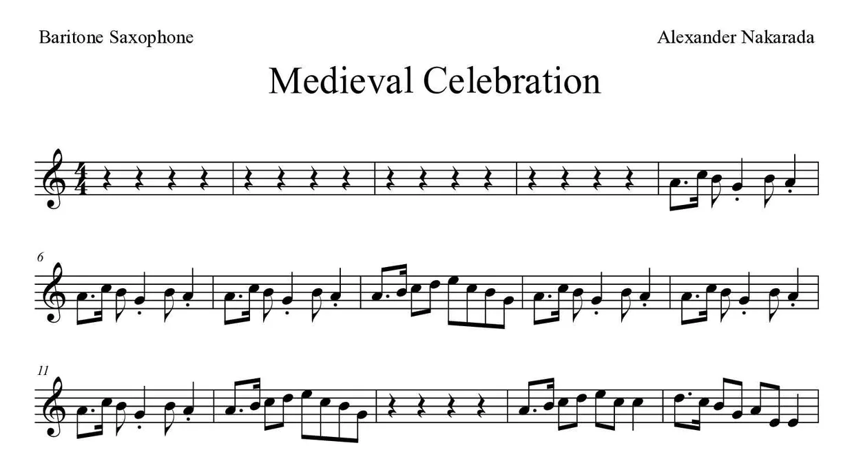 Partitura de Medieval Celebration para saxofón barítono, primeras líneas