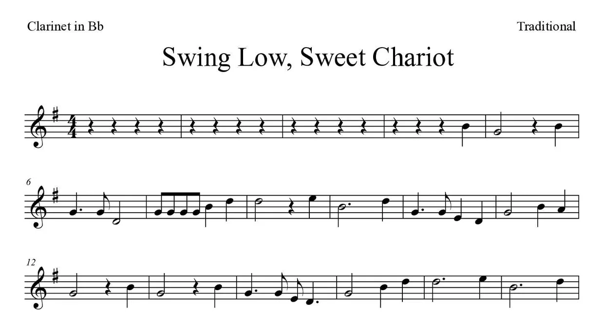 Partitura de Swing Low, Sweet Chariot para clarinete, primeiras linhas