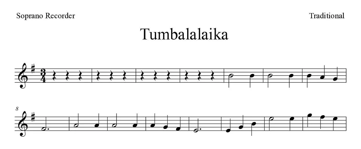 Partitura de Tumbalalaika para flauta de bisel, primeiras linhas