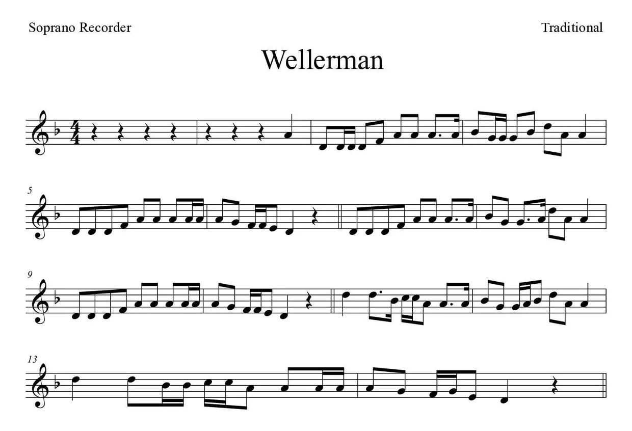 Noten von Wellerman für Blockflöte (Experte), erste Zeilen