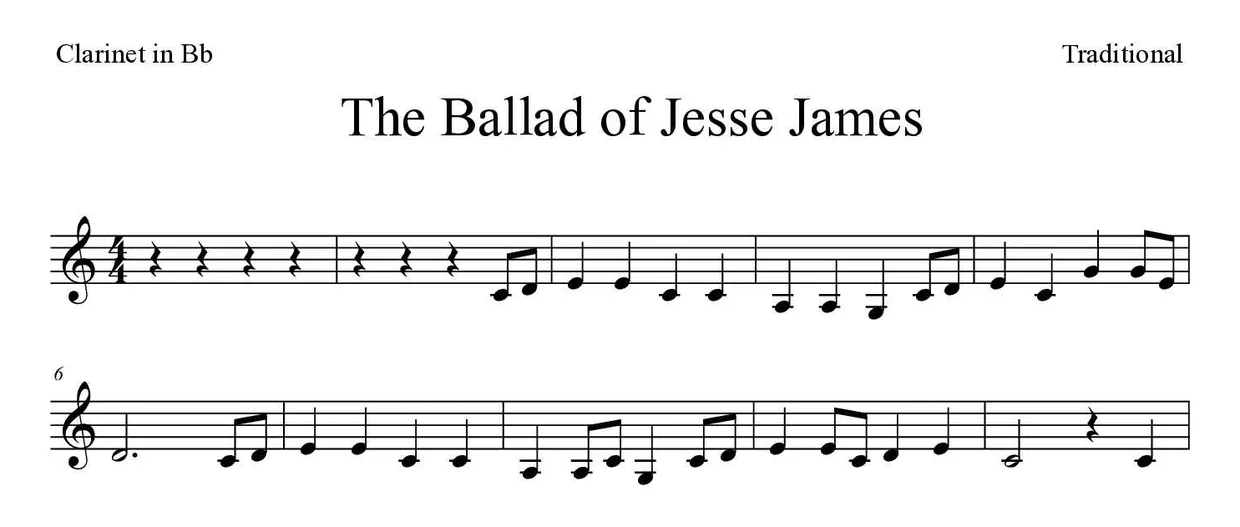 Partition de The Ballad of Jesse James pour clarinette, premières lignes