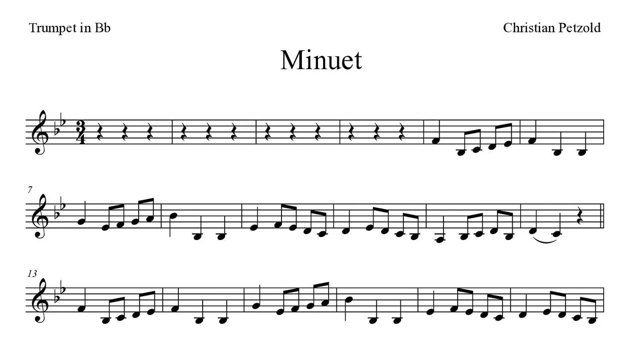 ‘Minuet’ Trumpet in Bb 악보의 첫 몇 줄