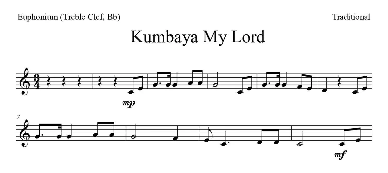 ‘Kumbaya My Lord’ Euphonium (Treble Clef, Bb) 악보의 첫 몇 줄
