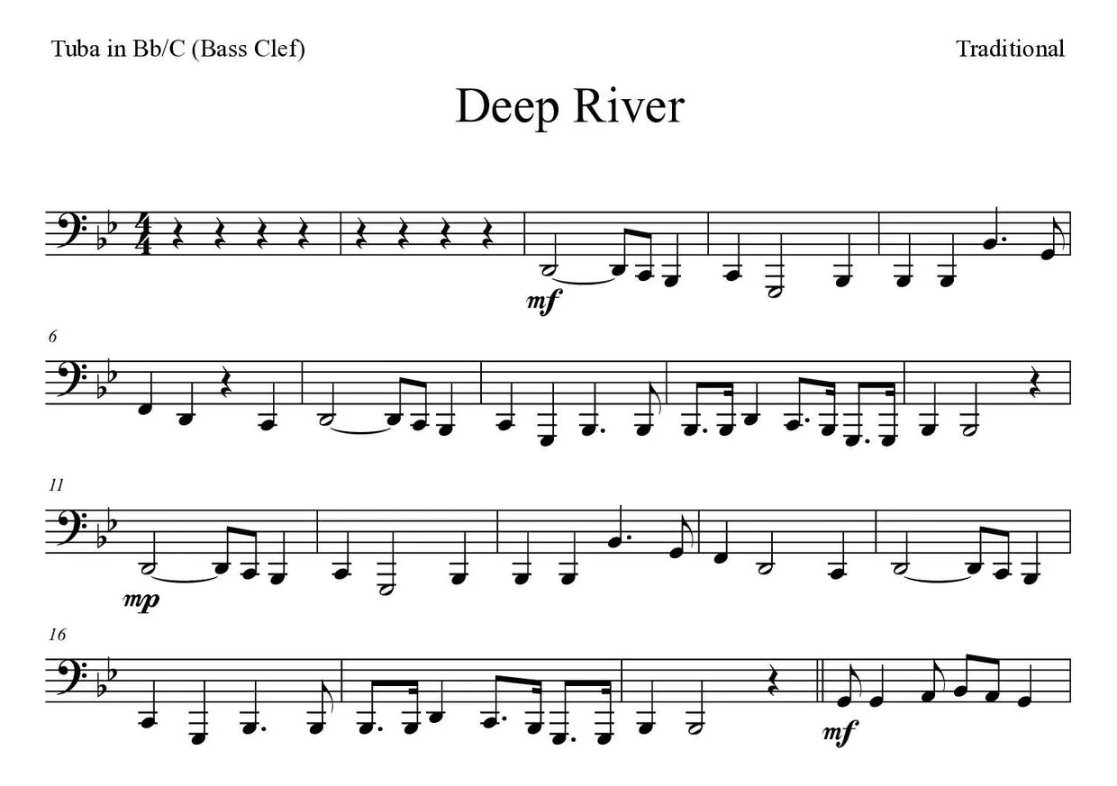 Partition de Deep River pour tuba en si bémol/do (clé de fa), premières lignes
