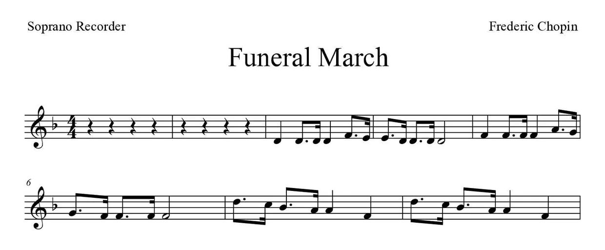 Spartito di Funeral March per recorder, prime righe