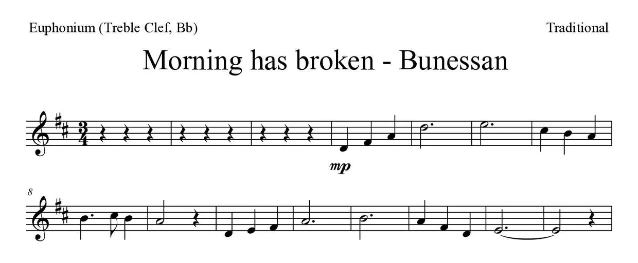 Bladmuziek van Morning has broken - Bunessan voor euphonium (treble clef, Bb), eerste regels
