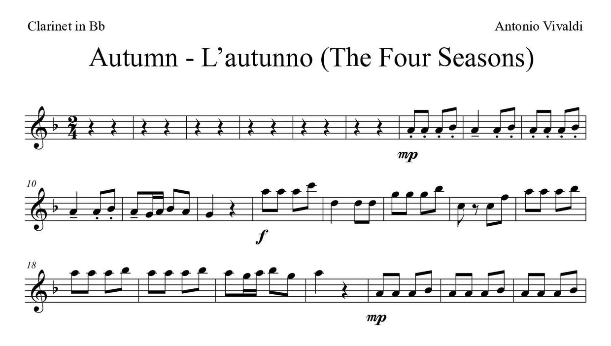 Partition de Autumn - L’autunno (The Four Seasons) pour clarinette, premières lignes