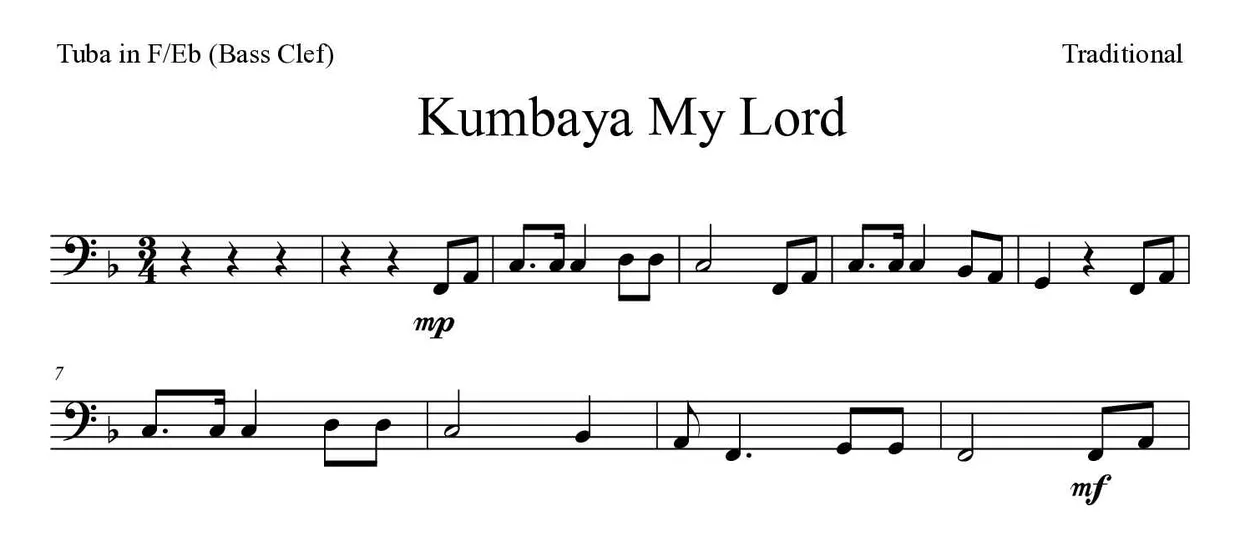 Noten von Kumbaya My Lord für Tuba in F/Es (Bassschlüssel) (Mittel), erste Zeilen