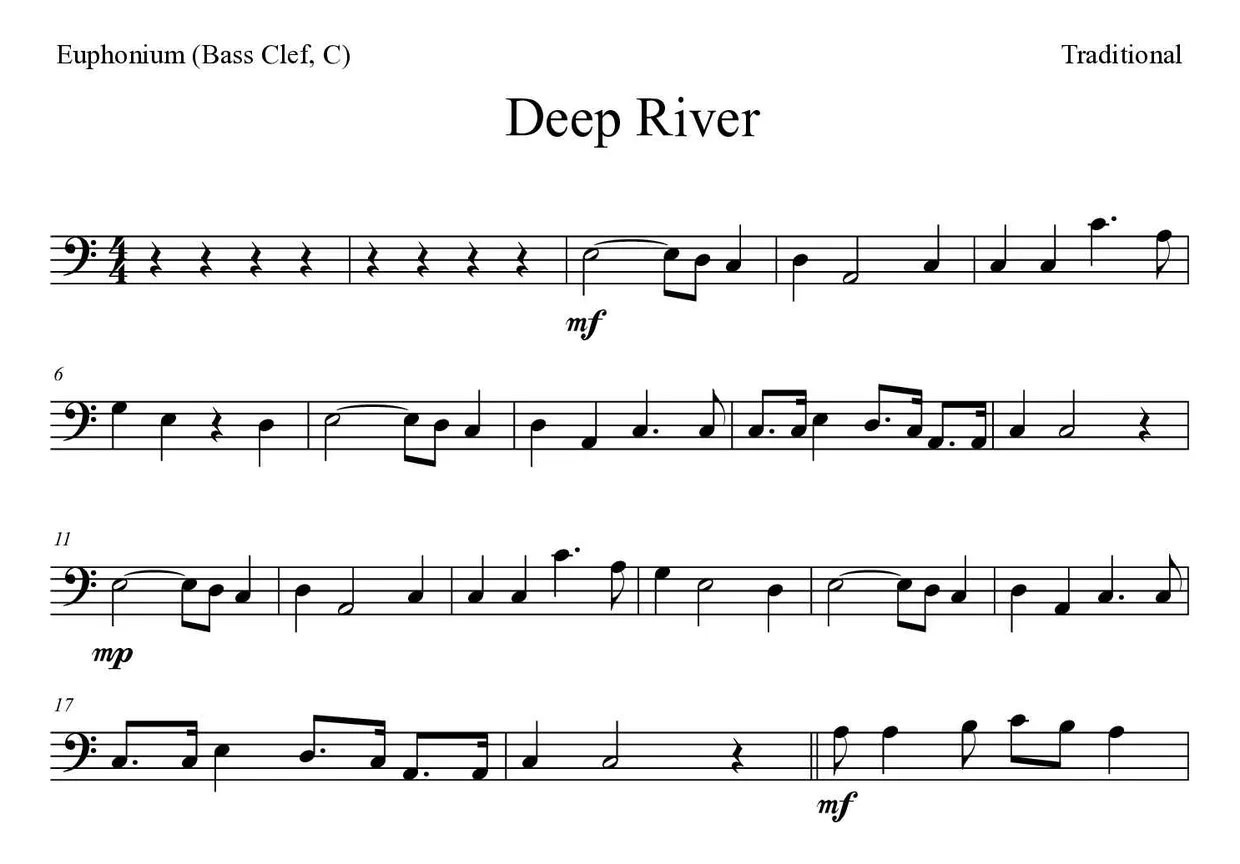 Partitura de Deep River para bombardino (clave de Fa, C), primeras líneas