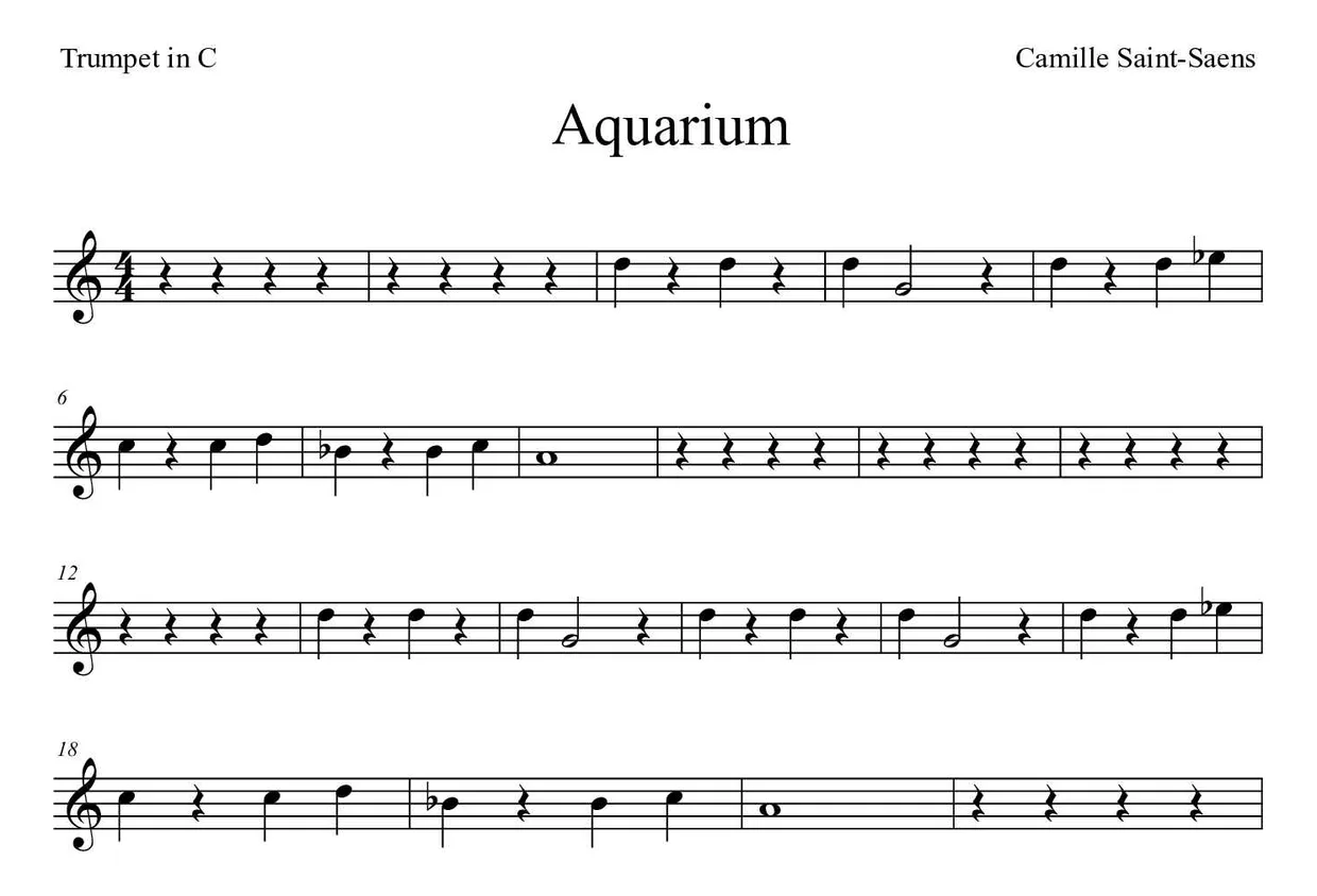 ‘Aquarium’ Trumpet in C 악보의 첫 몇 줄