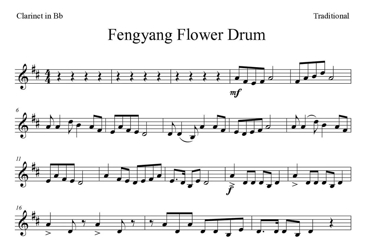 Noten von Fengyang Flower Drum für Klarinette (Schwer), erste Zeilen