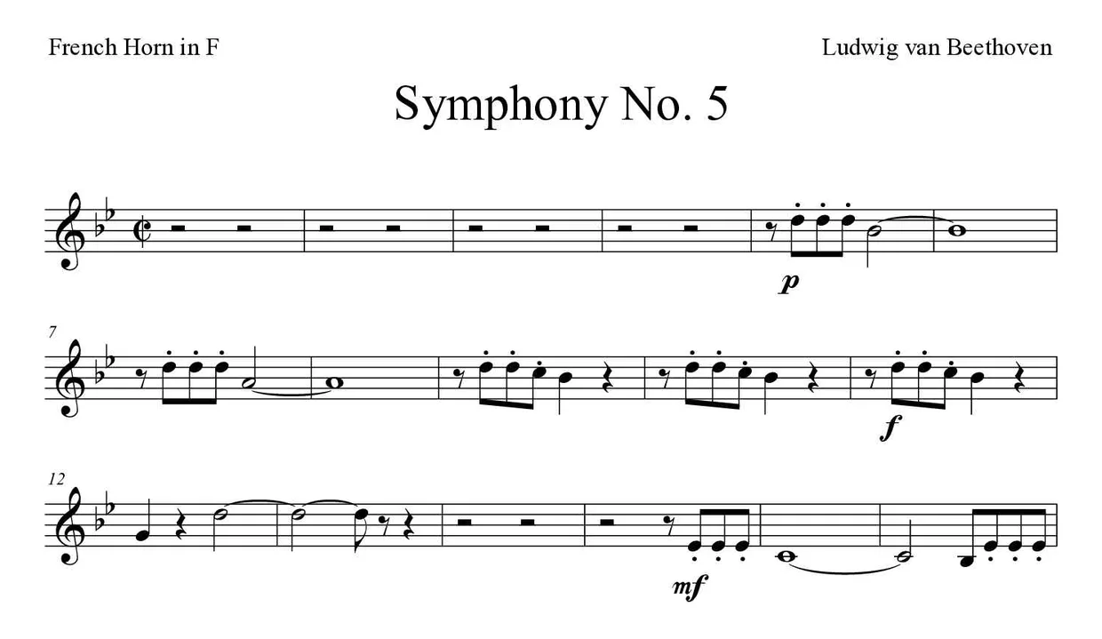 Partition de Symphony No. 5 pour cor d'harmonie, premières lignes