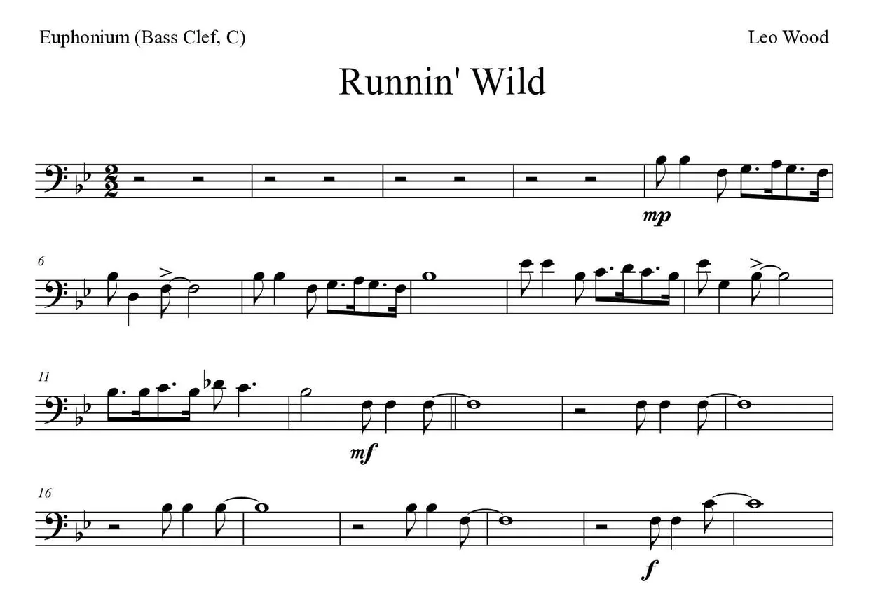 Partitura de Runnin' Wild para bombardino (clave de Fa, C), primeras líneas