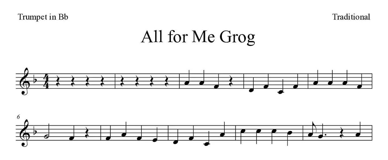 ‘All for Me Grog’ Trumpet in Bb 악보의 첫 몇 줄