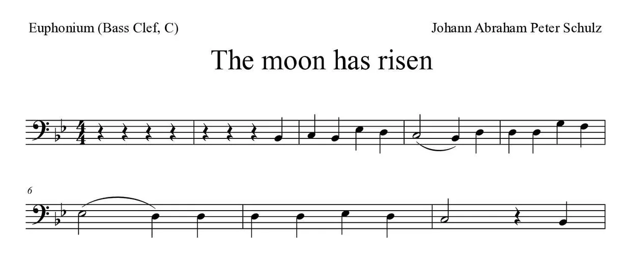 Partitura de The moon has risen para bombardino (clave de Fa, C), primeras líneas