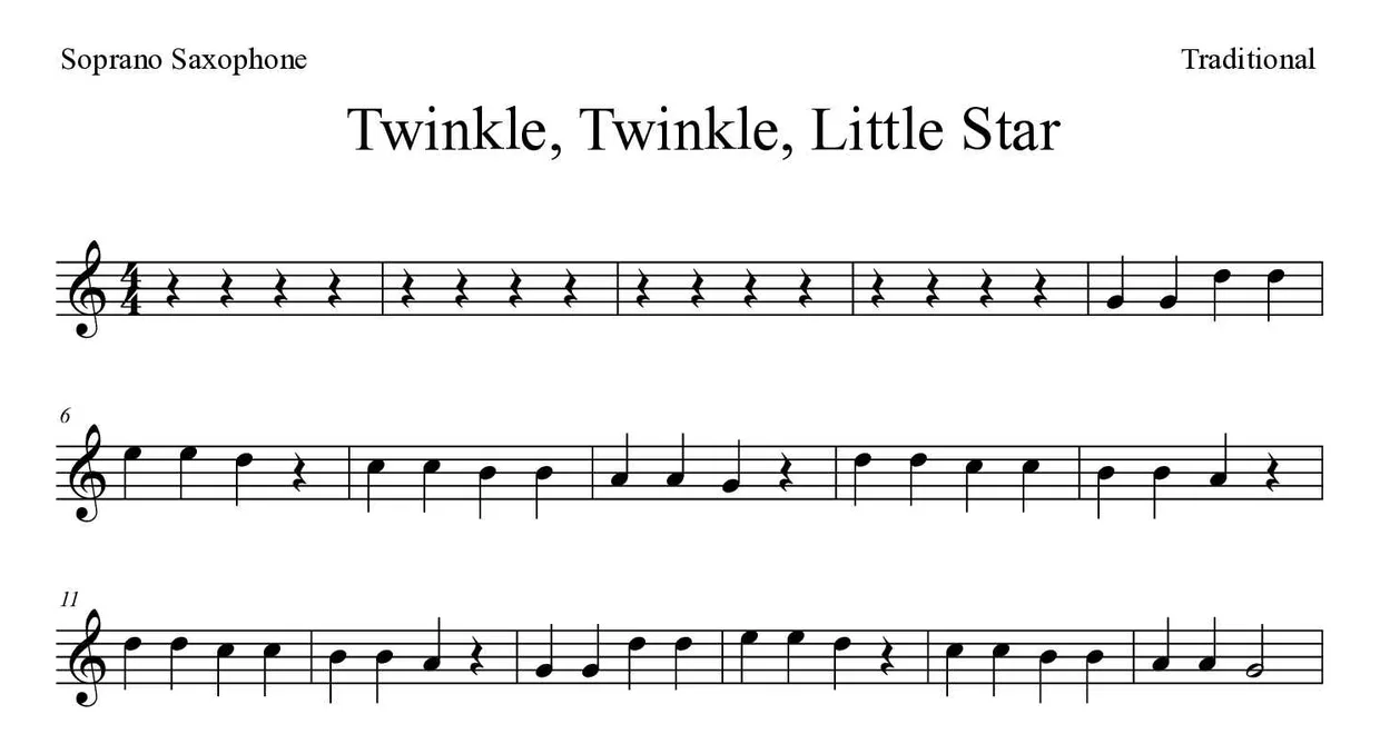 Partition de Twinkle, Twinkle, Little Star pour saxophone soprano, premières lignes