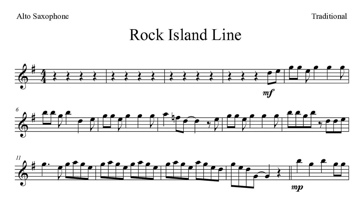 Spartito di Rock Island Line per alto saxophone, prime righe