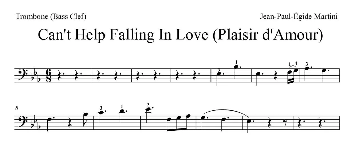 ‘Can't Help Falling In Love (Plaisir d'Amour)’ Trombone 악보의 첫 몇 줄
