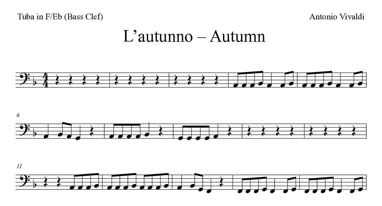 Spartito di L’autunno – Autumn per tuba in F/Eb (bass clef), prime righe