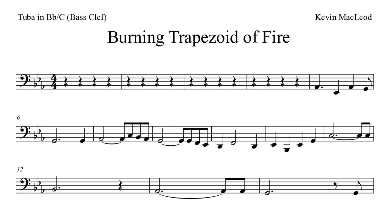 ‘Burning Trapezoid of Fire’ Tuba in Bb/C (Bass Clef) 악보의 첫 몇 줄